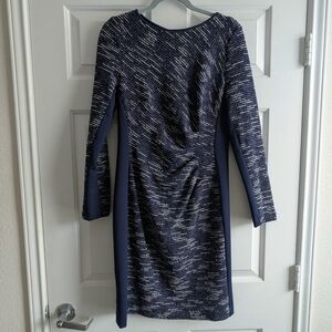 Lauren Ralph Lauren Navy & White Tweed Ruched Dress w/Contrast, Size 10